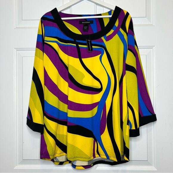 Ashley Stewart‎ Top 3/4 Sleeve Yellow Purple Blue Abstract Plus Size 18 20 - Picture 1 of 4